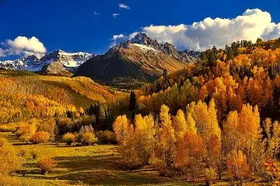 秋の山　真ん中に高い山　周り紅葉した森