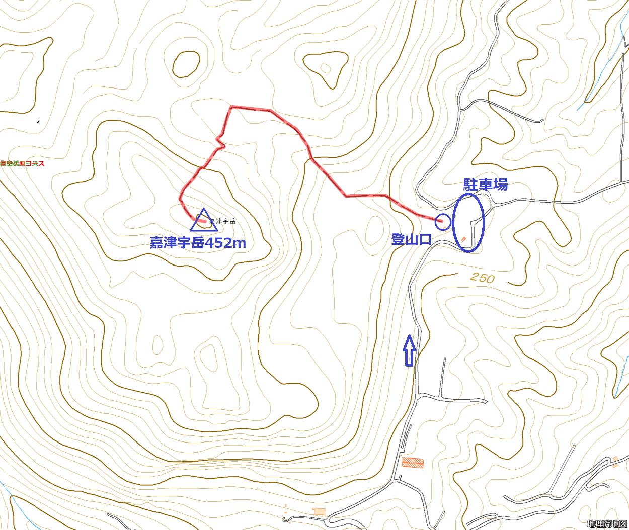 嘉津宇岳　登山ルート　地理院地図