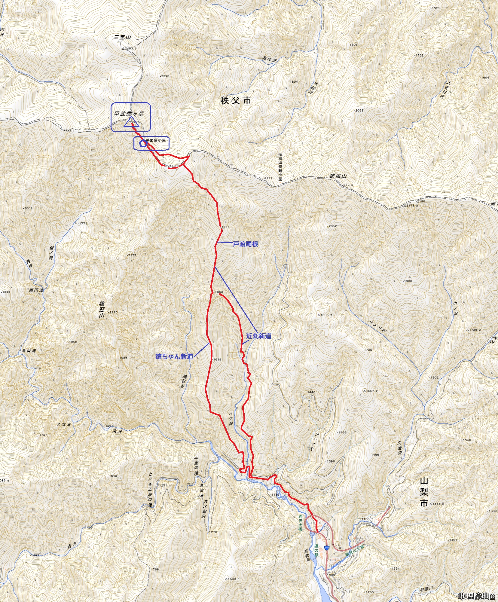 甲武信岳南側　登山道　地図マップ