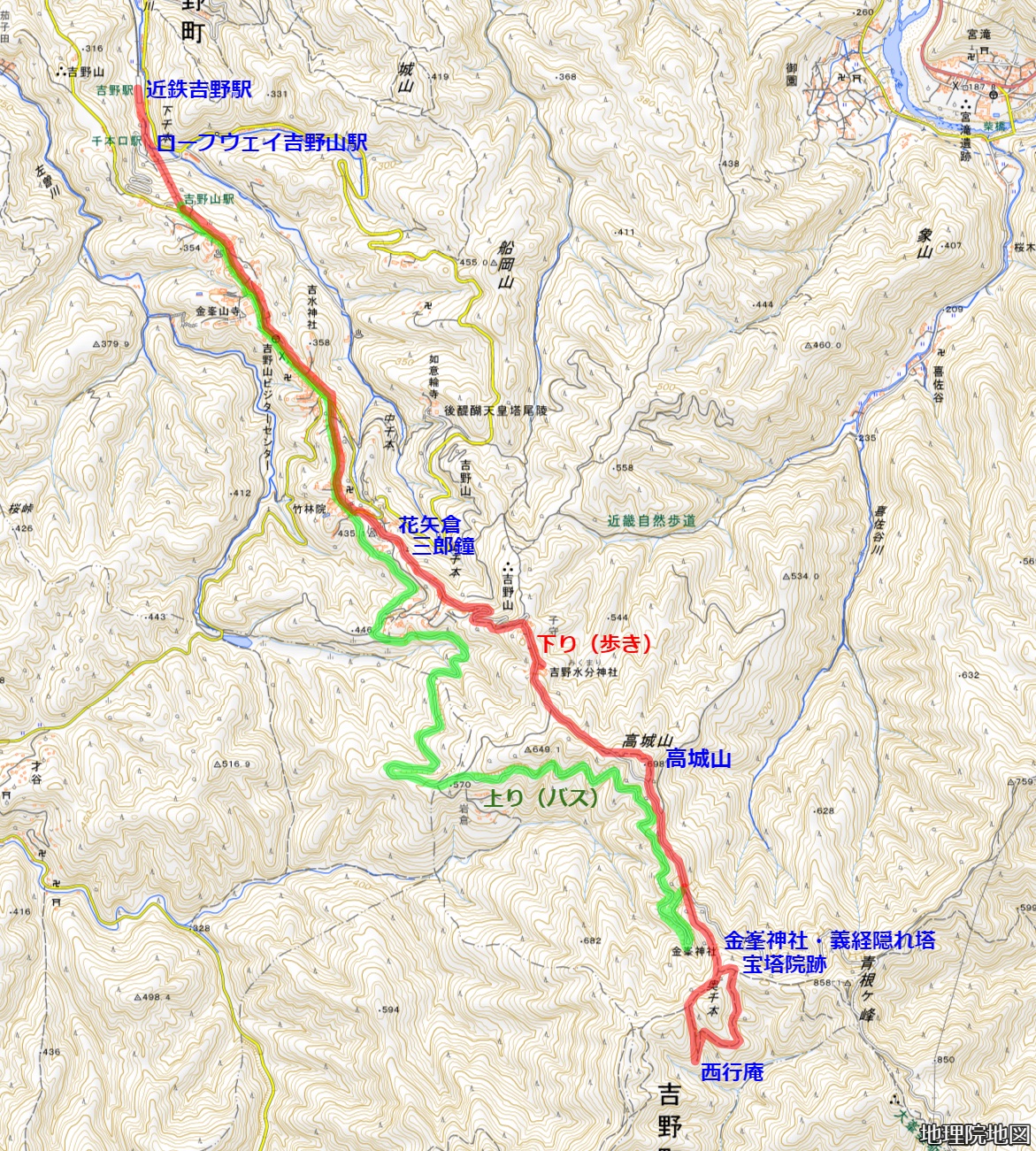 吉野山（高城山）ハイキングルート図　地理院地図