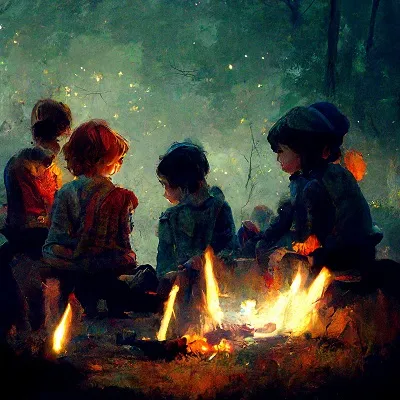 冬の焚き火でユニクロウェアを着ている子供たち
