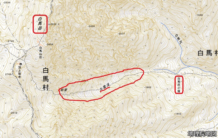 白馬岳　登山初心者に紹介大雪渓の場所　地理院地図