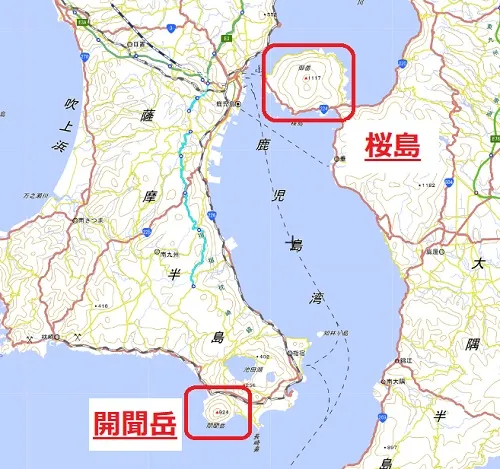 開聞岳　桜島の　位置図